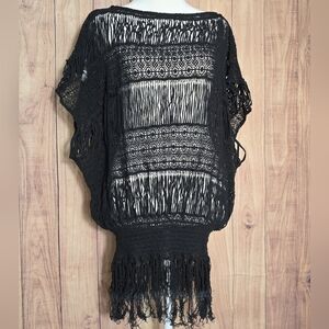 Trina Turk Black Crochet Fringe Pullover Swim Cover-Up Size Small